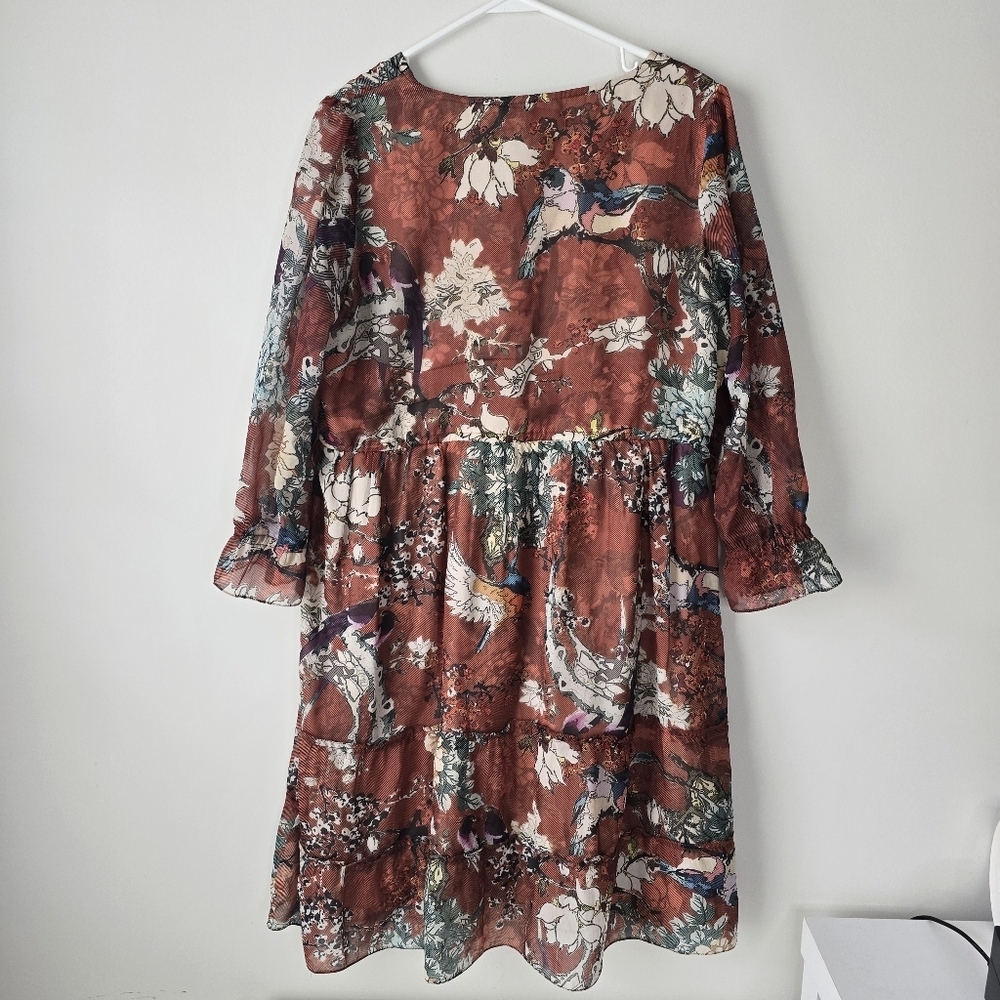 Hemant & Nandita Zeri Tiered Floral Bird Print Peasant Dress 8 Ruffle Sleeves - Picture 7 of 14